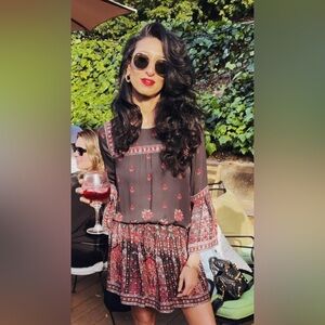 JOIE Silk Dress size L Black Red Floral Boho Peasant Bell Sleeve Romantic